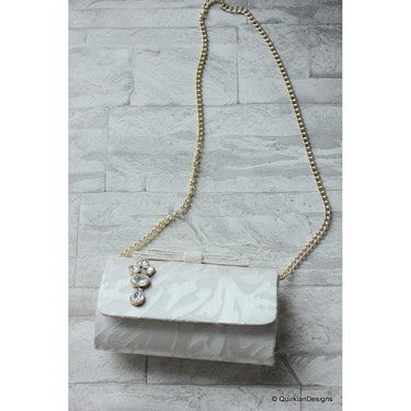 Wedding Party Clutch, Hard Body Purse, White Fabric Purse With Crystal Embellishment